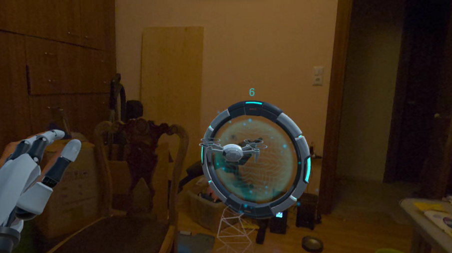 Fist Flight mixed-reality room level with the drone and ring target inside a real room