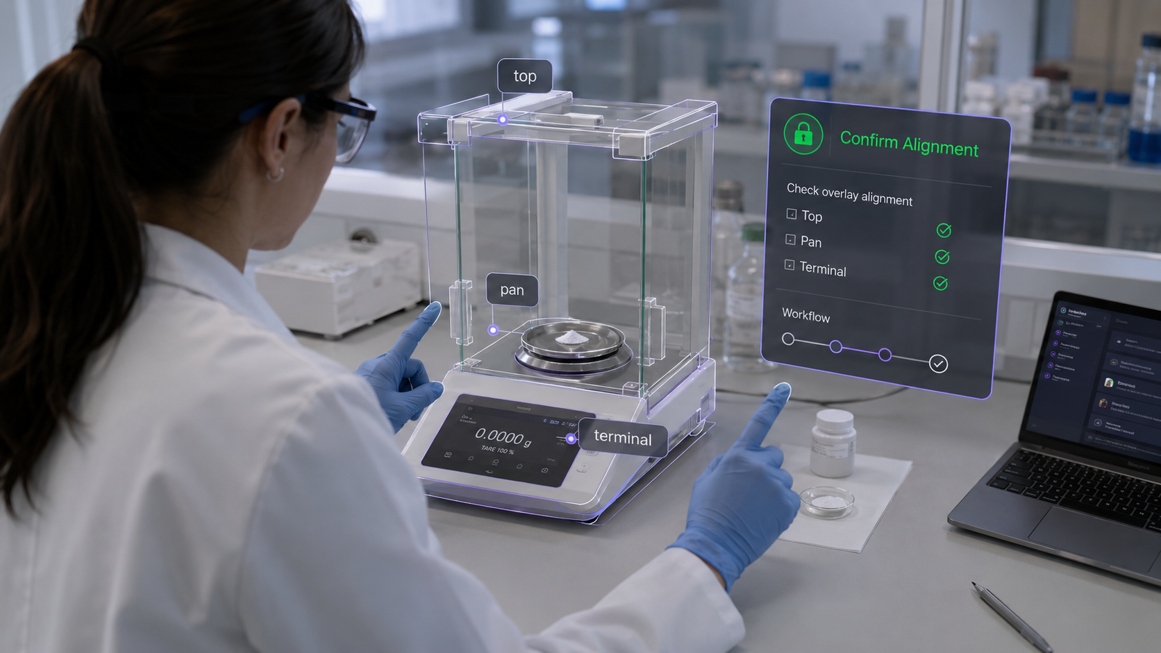 Operator at an analytical balance with a mixed-reality overlay showing the weighing workflow steps, live balance checks, and AI confidence